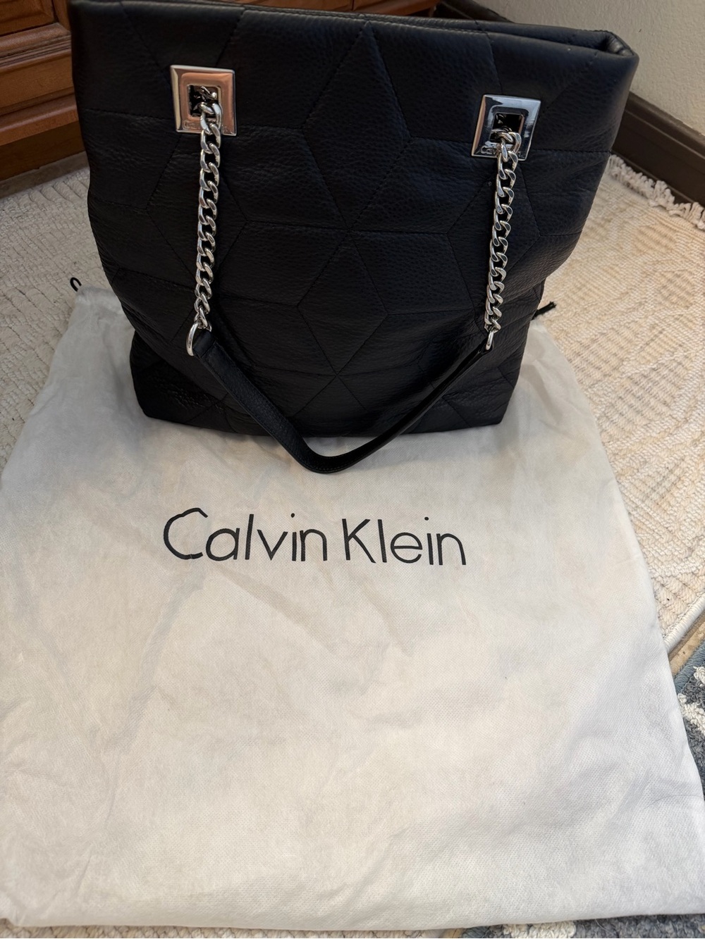 Calvin Klein Black Quilted Tote with Chain Handles